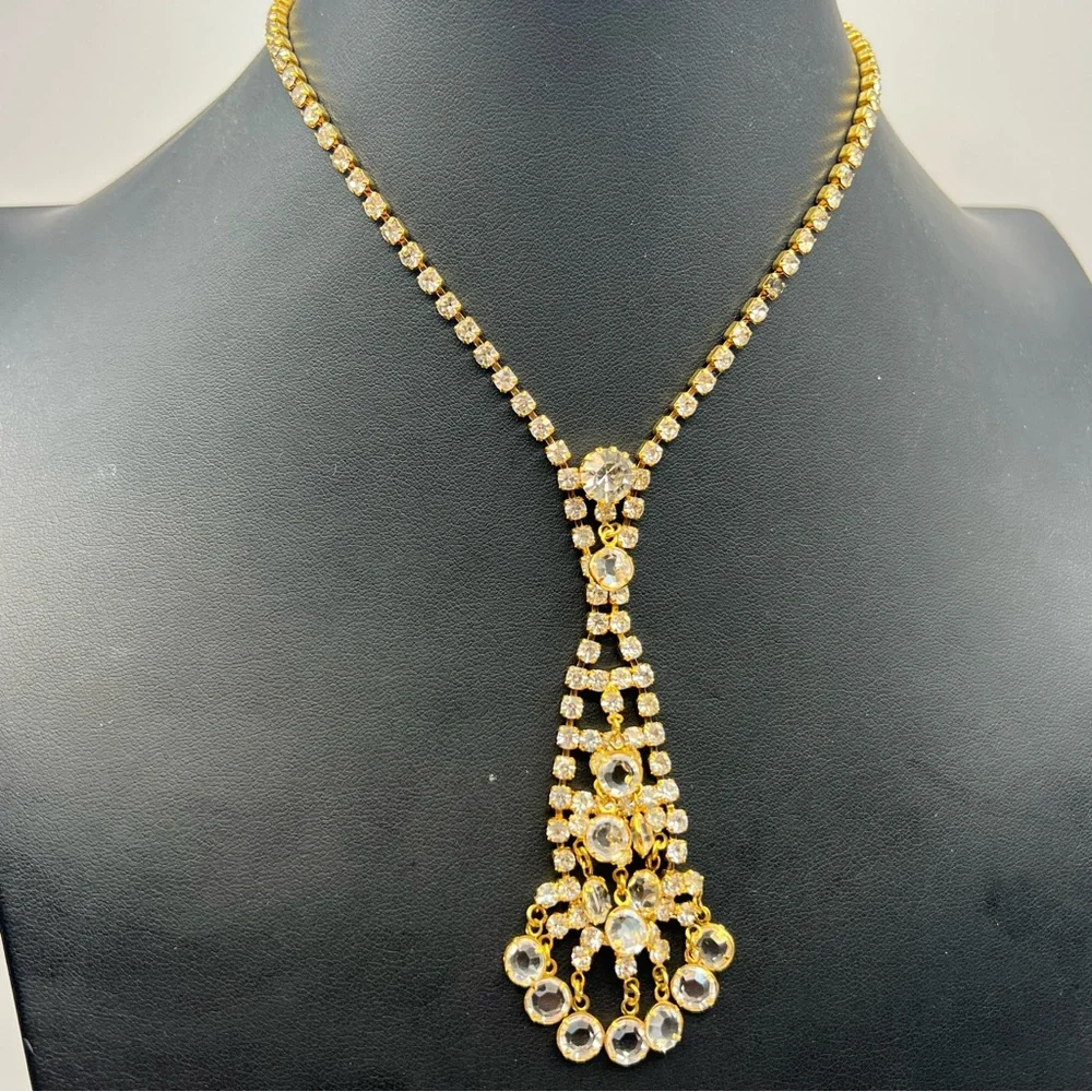 Spectacular Sparkling Crystal Dangled & Rhinestone Necklace Gold Tone Setting - Picture 2 of 8